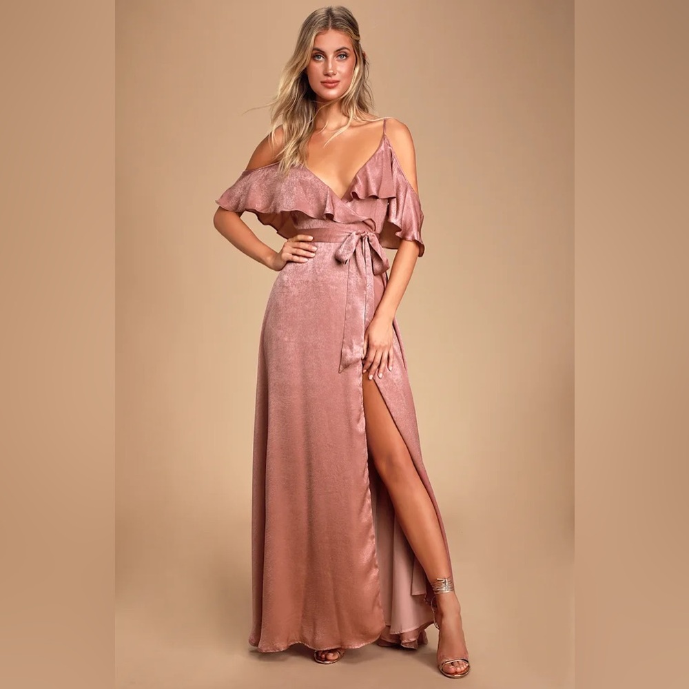 Moriah Rose Satin Cold-Shoulder Wrap Maxi Dress